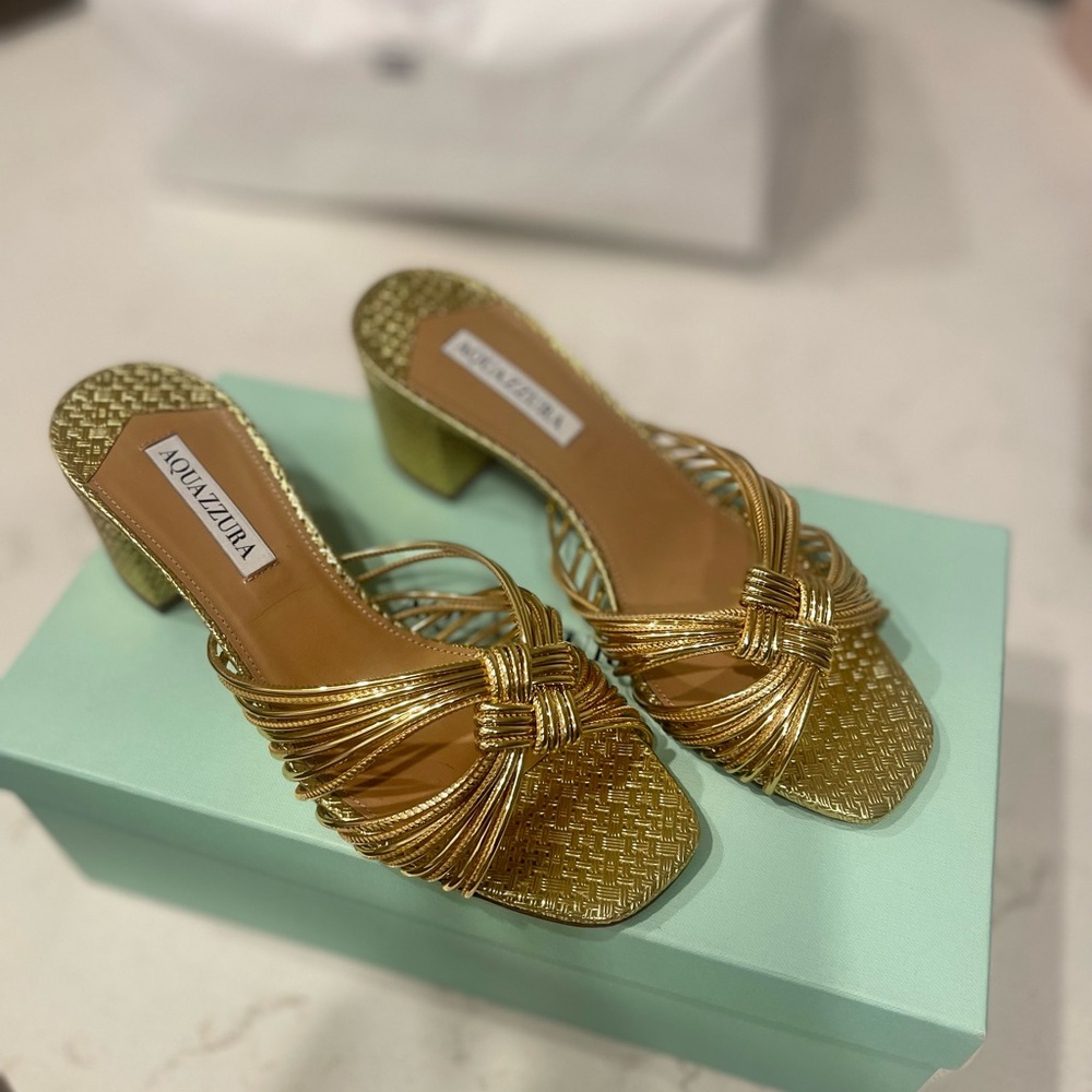 Aquazzura Club Sandal 50 Gold Heels with Intricate Straps brand new size 38.5